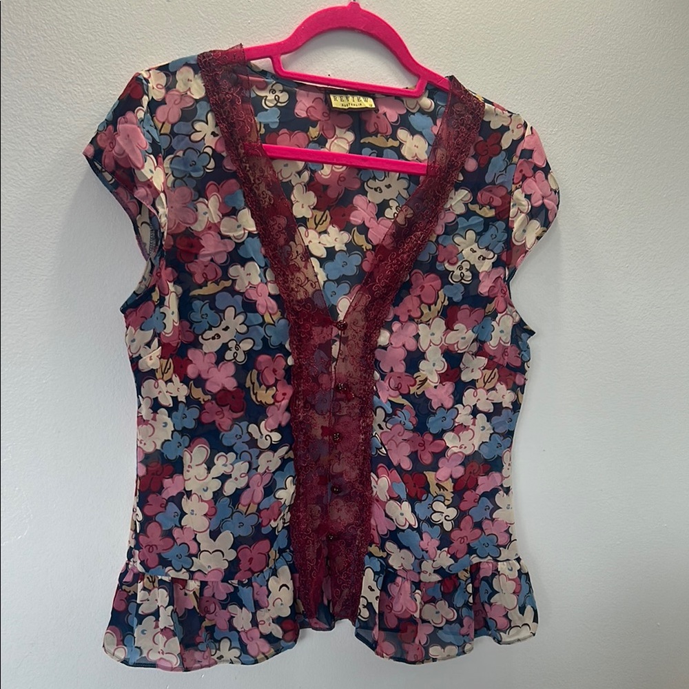 Floral Sheer Top with Lace Trim